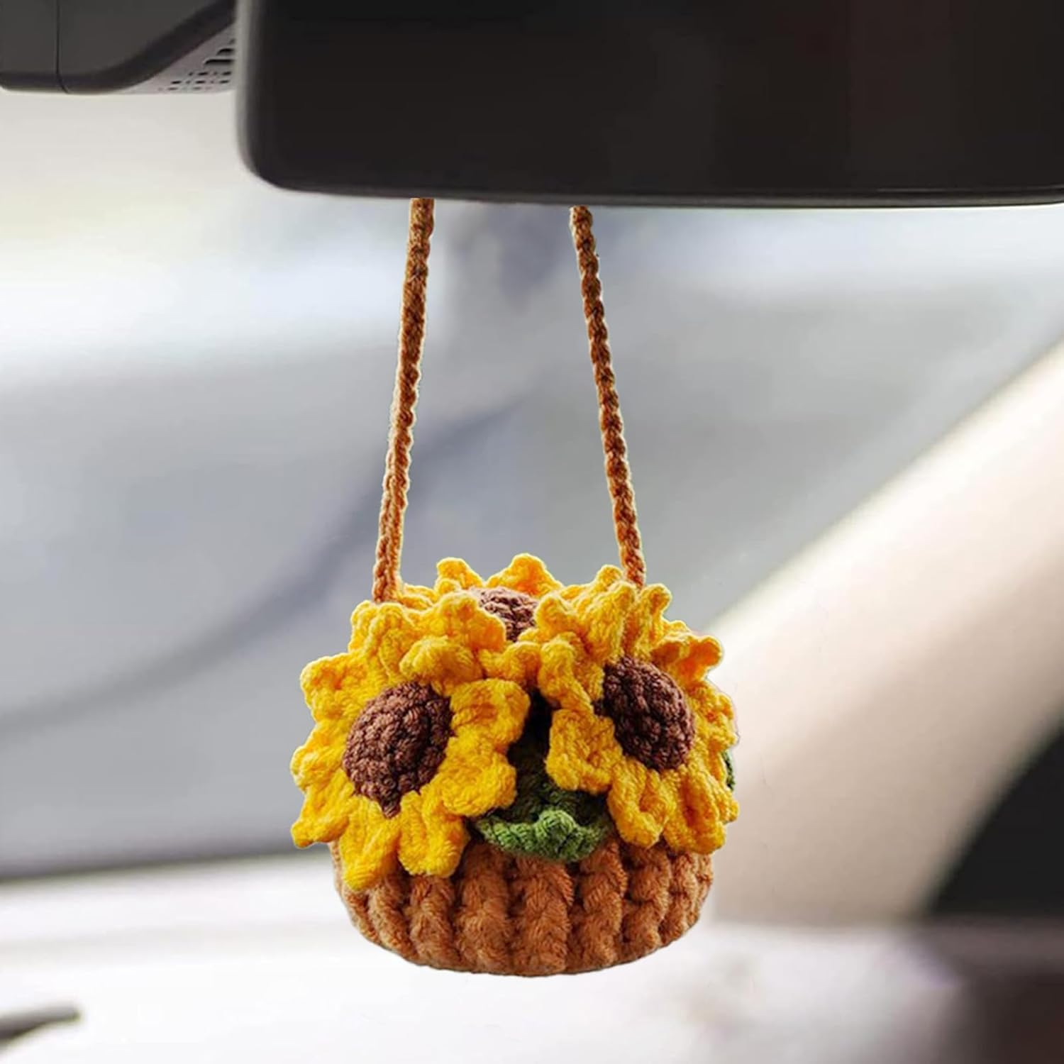 Cute Crochet Plant for Car Rear View Mirror,Boho Handmade Car Mirror Hanging Accessories for Women Girls,Green Interior Aesthetic Decor Truck Hanger Ornament Charm for Men (Red Strawberry Plant)
