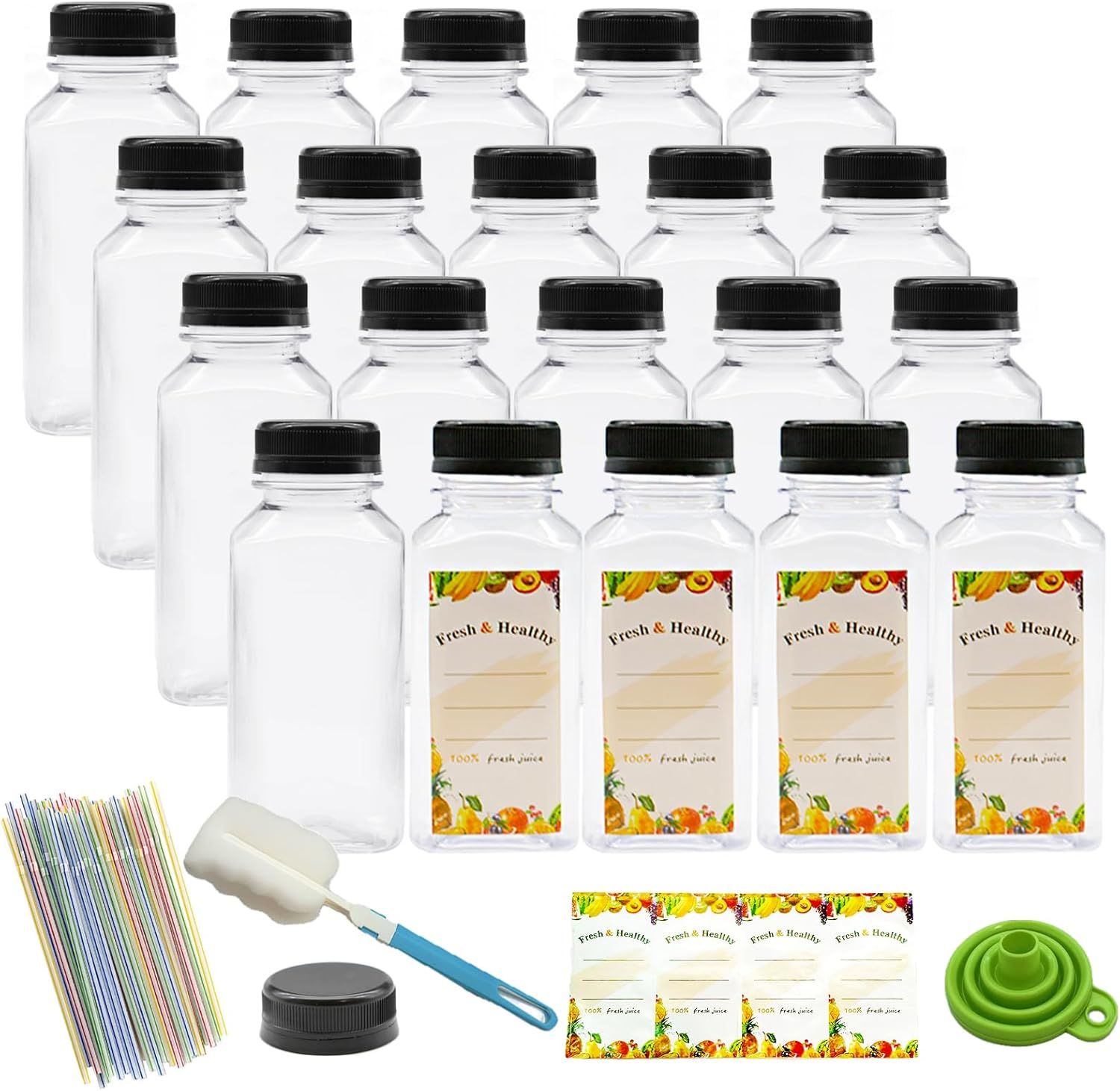 20 Pack 8Oz 250Ml Reusable Empty Plastic Juice Bottles with Leak-Proof Caps Lids, Clear Homemade Water Bottle, Label，Recyclable Drink Bulk Containers for Juicing, Smoothie, Milk and Other Beverages image number 2
