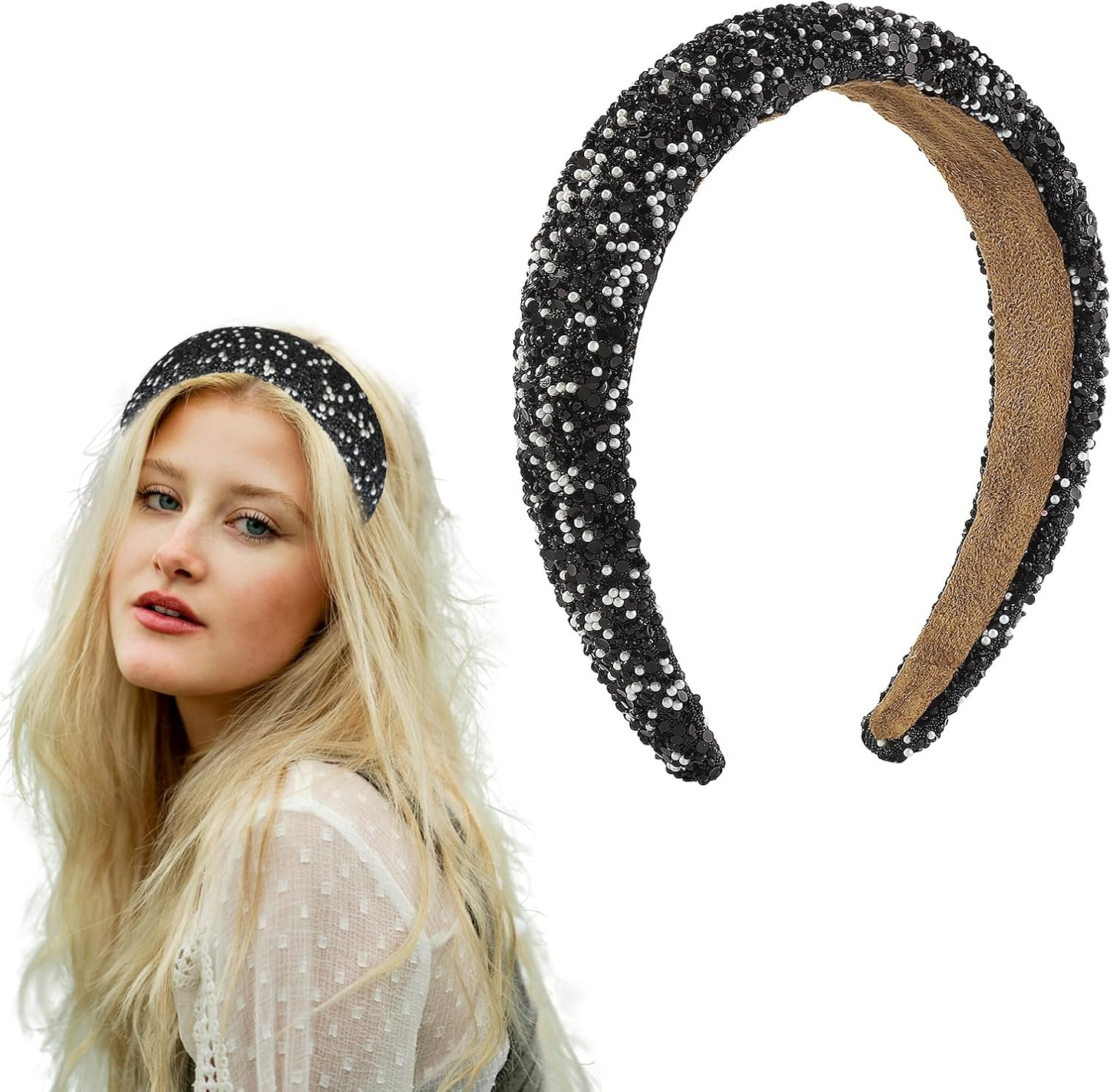 AWOCAN Rhinestone Headbands for Women Diamond Bling Rhinestone Wide Hairband Sparkle Beaded Crystal Headband Thick Padded Headband for Party Non Slip Glitter Hair Hoop (Black, L)