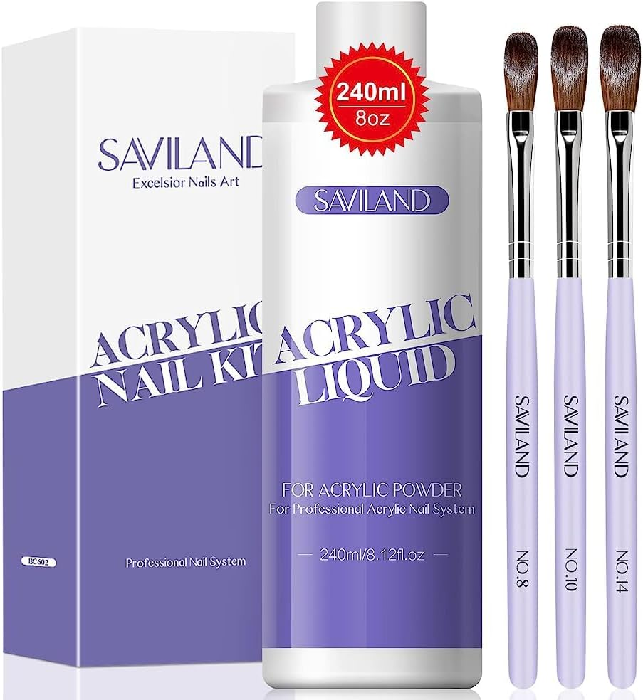 Saviland Monomer Acrylic Nail Liquid &ndash; 8.11Fl.Oz Acrylic Liquid with 3PCS Acrylic Brushes Size（8/10/14）For Acrylic Powders, True-Ema, Non-Yellowing Acrylic Nail Liquid for DIY Home Nail Salon Use image number 5