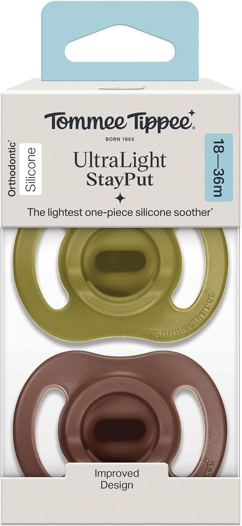 Tommee Tippee Ultra-Light Stayput Soother, 18-36M, 2 Pack, One-Piece Silicone Design