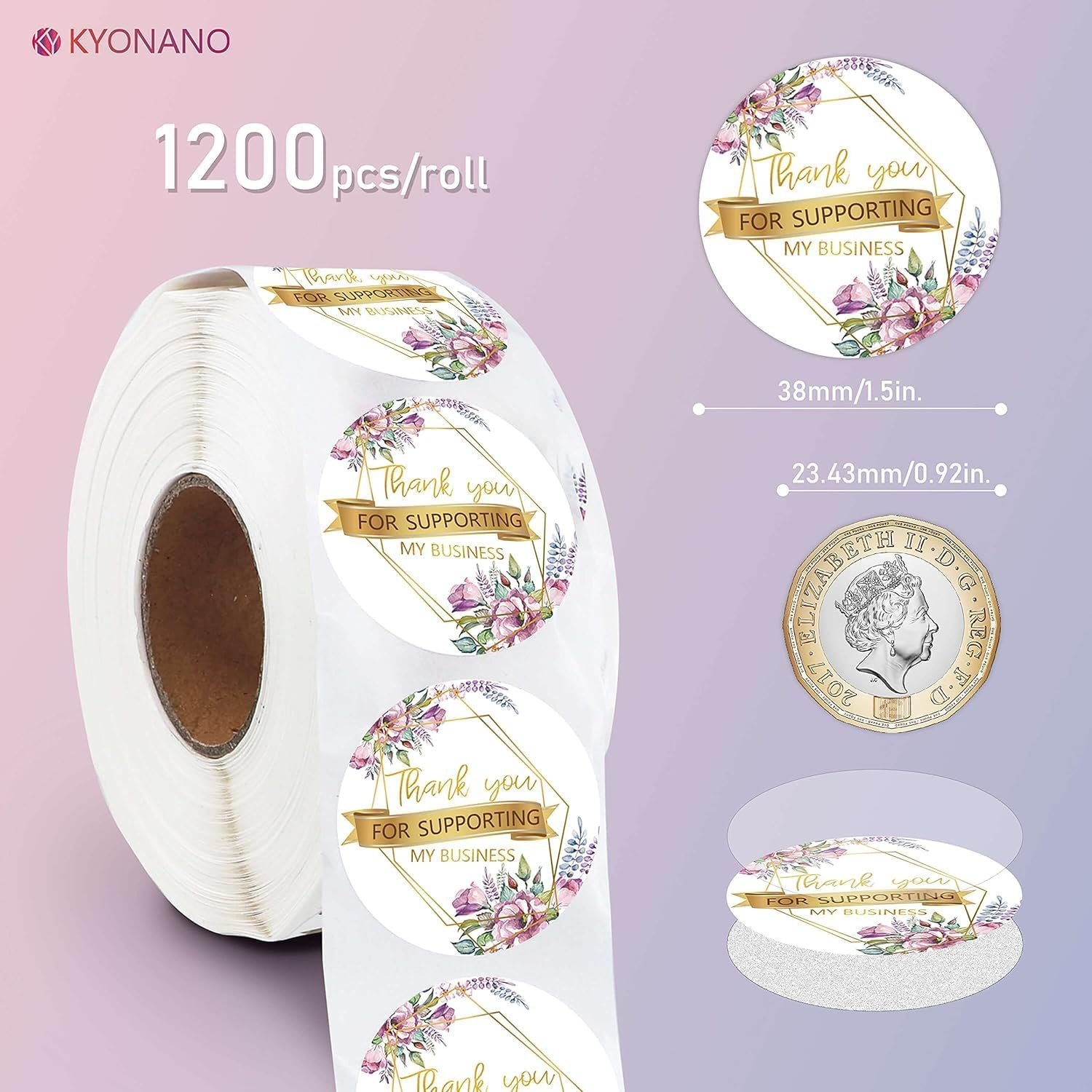 KYONANO 1200Pcs Thank You Stickers Small Business, Pink Flower Gold Font Design Thank You Stickers Roll 3.8Cm for Small Business Gift Packaging Wedding Envelope Seals Thanksgiving Self-Adhesive Labels image number 1