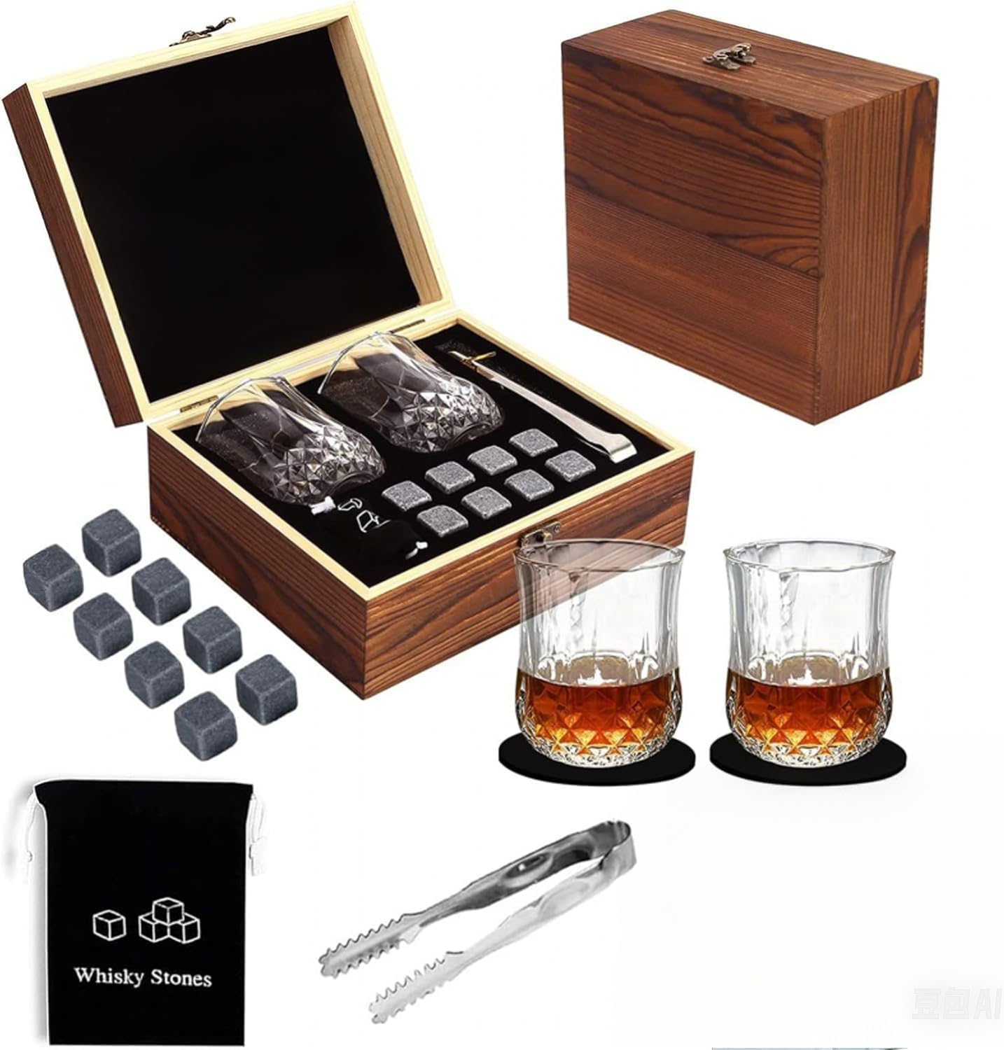 Whiskey Stones Gifts Sets for Men, Whiskey Glasses Set of 2 with Chilling Rocks, Bourbon Gifts Wooden Box Anniversary Birthday Gifts for Men Him Dad Husband image number 2