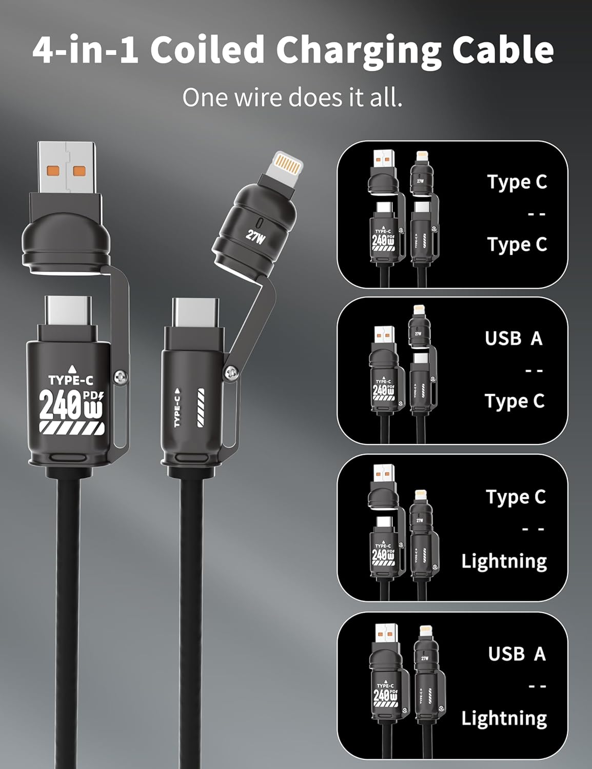 BELAROI 240W 4-In-1 Coiled Charging Cable&ndash;Zinc Alloy Fast Charger with PD 27W/65W/240W, 2M Retractable Cable(Usb-C/A & USB-C/L), Compatibility for Iphone 16/15/14, Laptops, Android, Carplay & Carlife