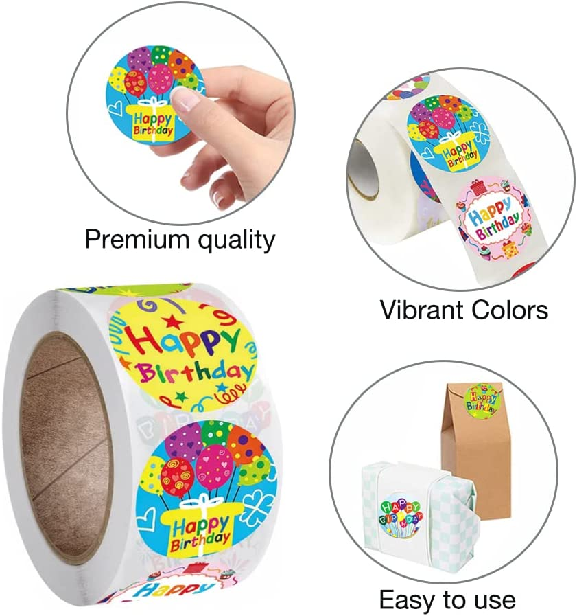 MIYKA 500 Pcs Happy Birthday Stickers Colorful Kid Birthday Stickers Decoration in 8 Designs for Kids Children Students image number 1