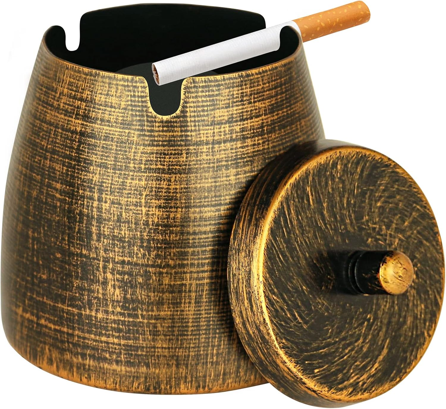 Small Retro Odorless Ashtray with Lid for Cigarettes Outdoor Rainproof,Metal Decorative Ashtray for Patio outside Home Indoors Table Decor,Copper image number 2