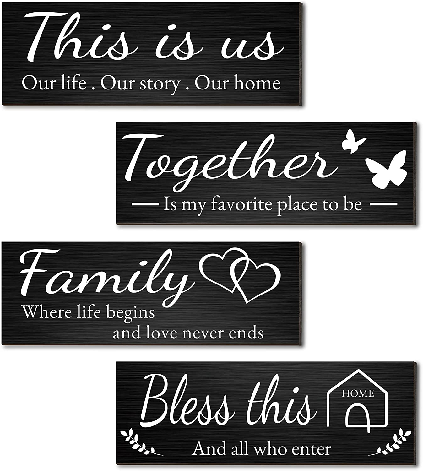Joyhawk 4 Pieces Home Wall Decor Signs - THIS IS US/TOGETHER/BLESS THIS HOME/FAMILY for Living Room Bedroom, Rustic Wooden Farmhouse Art, 4.7 X 13.8 Inch (Mixed Color)