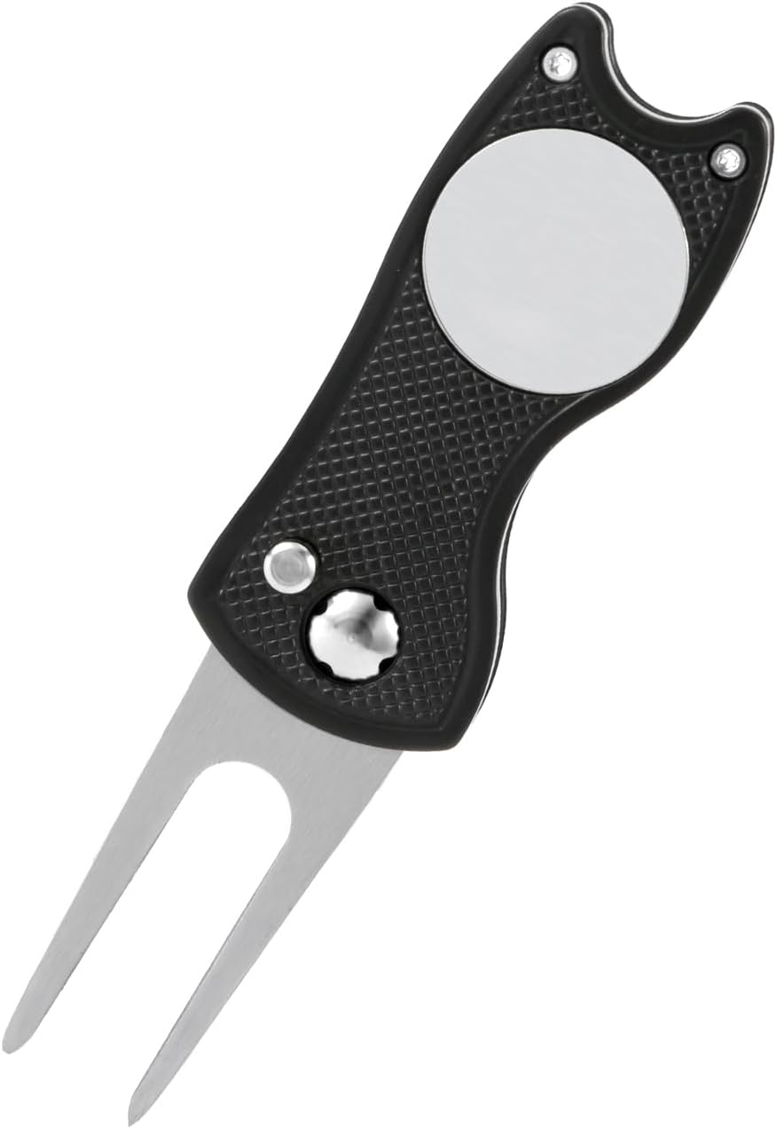 Golf Divot Repair Tool, Stainless Steel Divot Repair Tool Foldable Pop-Up Divot Turf Fork Golf Metal Putting Fork Golf Turf Fork Ball Marker Divot Tool for Golf Lover