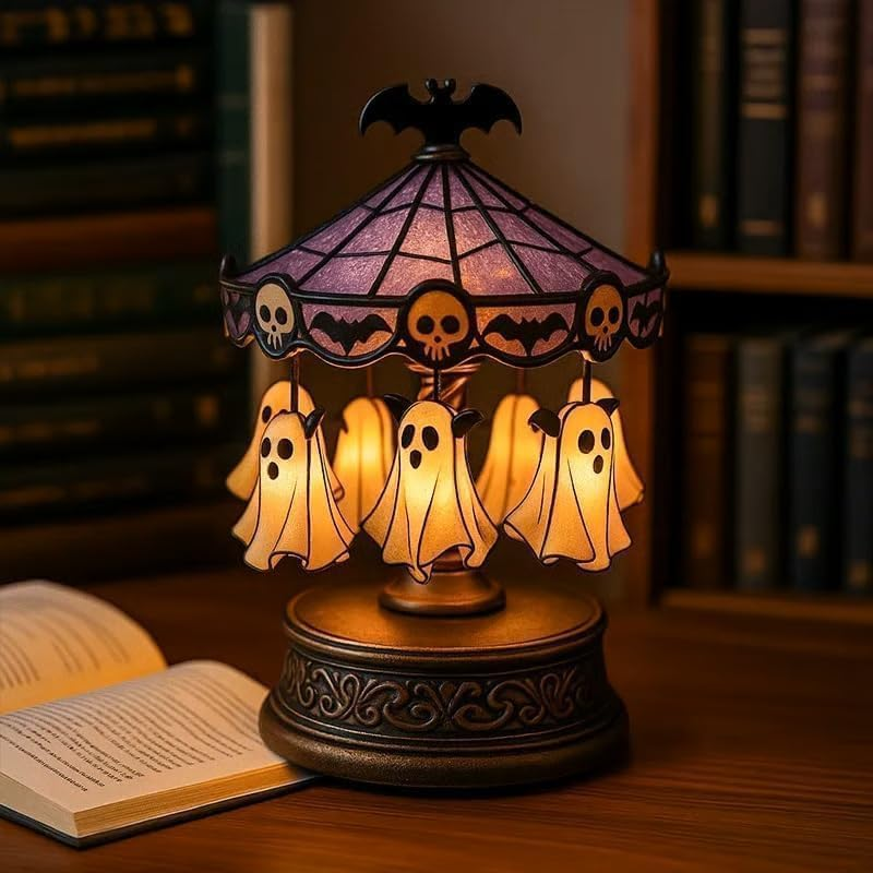 Ghost Carousel Lights, Halloween Ghost Carousel Night Light Decor, Night Light USB Rechargeable, Antique Copper Base & Purple Stained Glass, for Indoor Home Party Kitchen Table image number 3