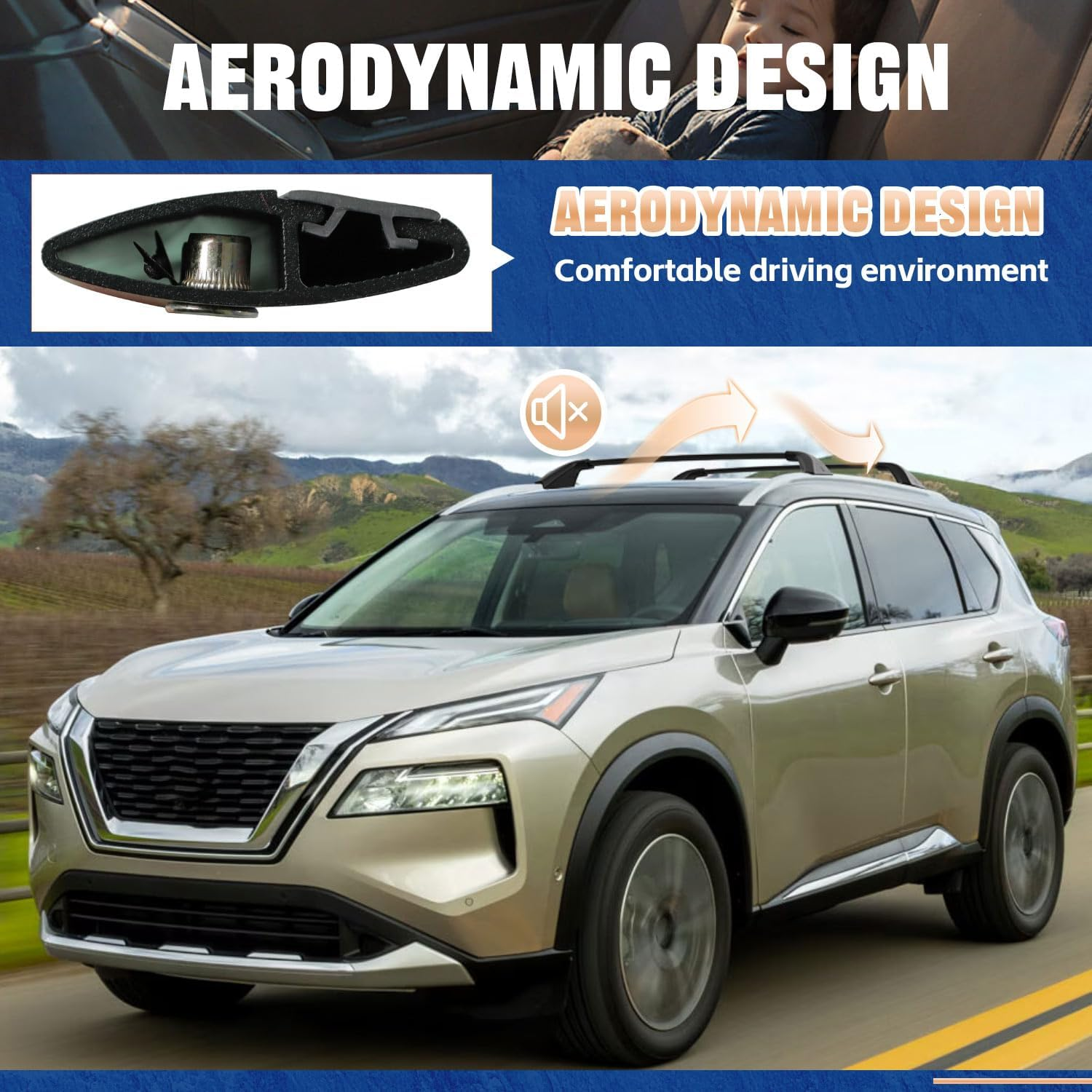 &lrm;AUXPACBO Cross Bar Fit for Nissan Rogue 2021 2022 2023 2024 2025 SV SL Platinum with Roof Rail Roof Rack Crossbars Rooftop Luggage Cargo Carrier for Canoe Kayak Bike