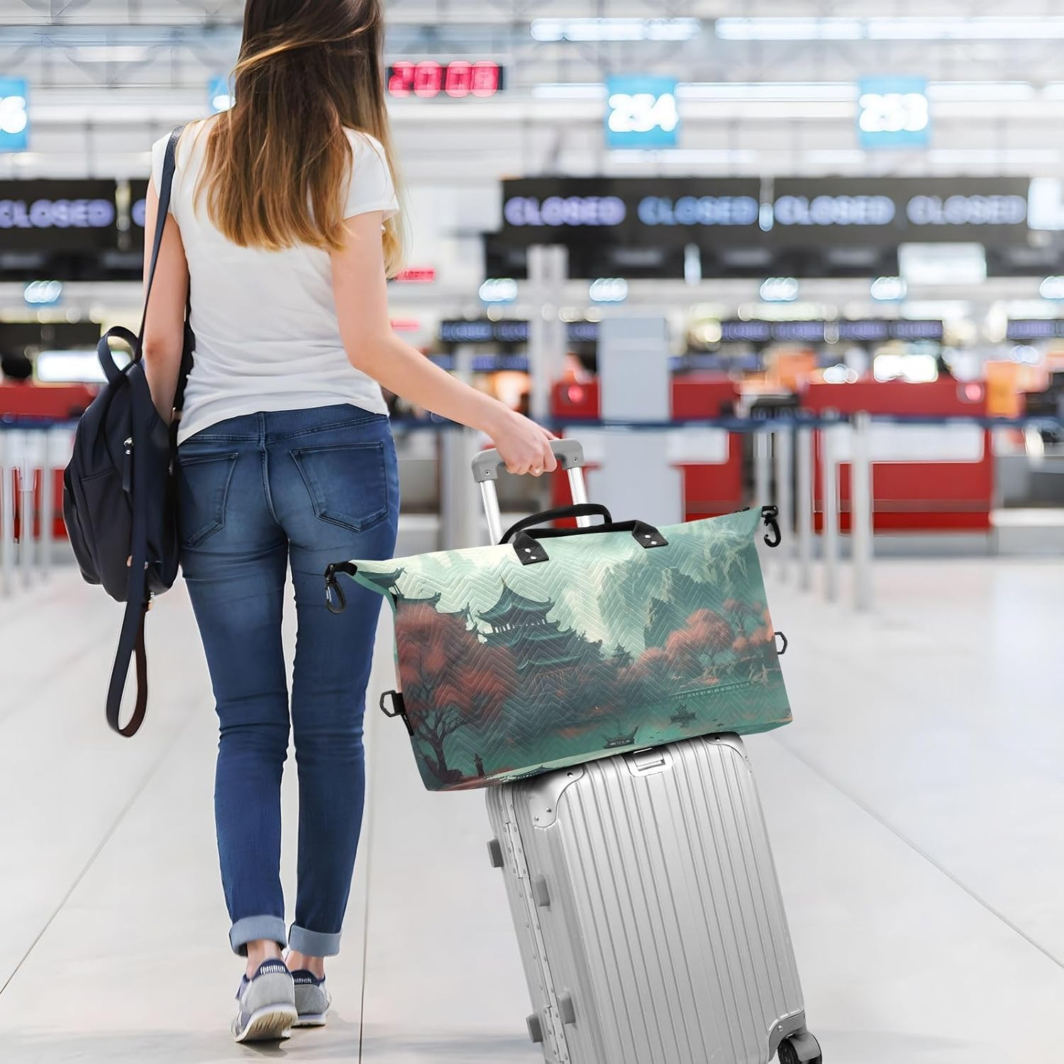 XYMZR Large Travel Duffel Bag, Building Chinese Style Sports Tote Gym Bag, Shoulder Weekender Overnight Bag for Women Men, Carry on Luggage with Toiletry Bags, Multi-Colored, Multi-Colored image number 1