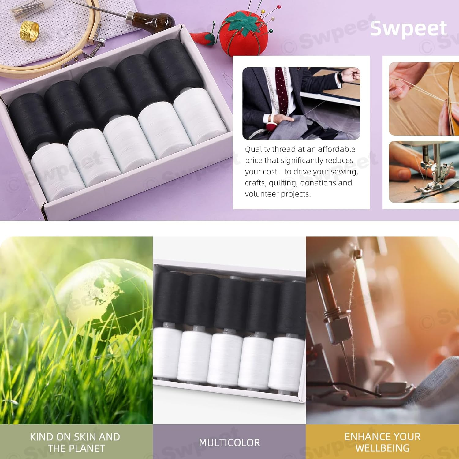Swpeet 10Pcs 1000 Yards Black White 2 Colors All Purpose Threads with Sewing Needles Kit, Handy Polyester Sewing Threads Embroidery Thread, Hand Sewing Needle Threaders Set for Crafters Lovers - 24 Colors Styles image number 7