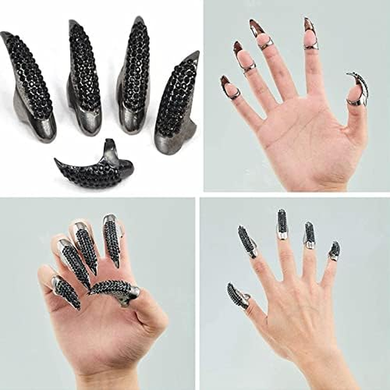 Beauty7 - Women'S Fashion Trend Bling Vintage 3D Gothic Punk Style Crystal Swarovski Elements Rhinestone Claws Prot Talon Finger Ring Fingernail Ring Nail Ring Cosplay Decoration Black image number 4