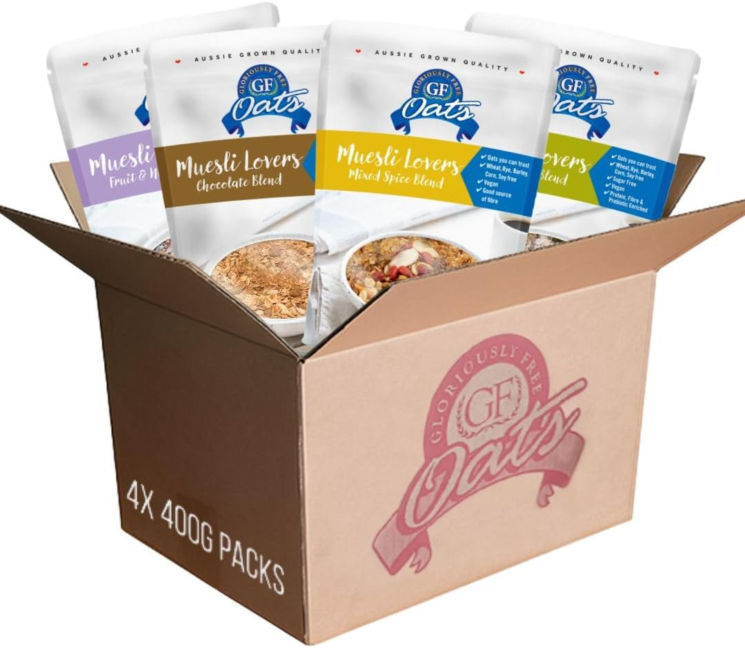 GF Oats Muesli Starter Pack | Nil Gluten Contamination | 4 X 400G Pack| 10 Serves per Pack | Includes 4 Flavours | Free from Wheat, Rye, Barley, GMO, Dairy, Egg & Soy. Vegan Granola Alternative image number 1