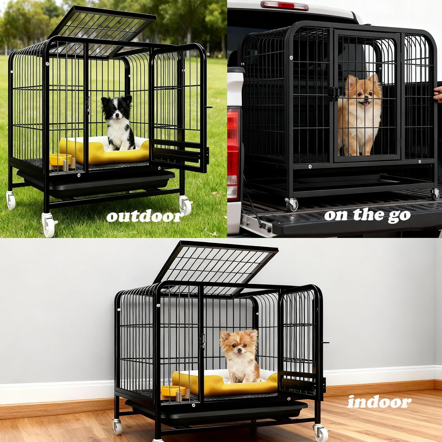 Dog Crate with Removable Tray, Large Dog Cage with Wheels, Double Door Kennel Black 77 * 51 * 71Cm
