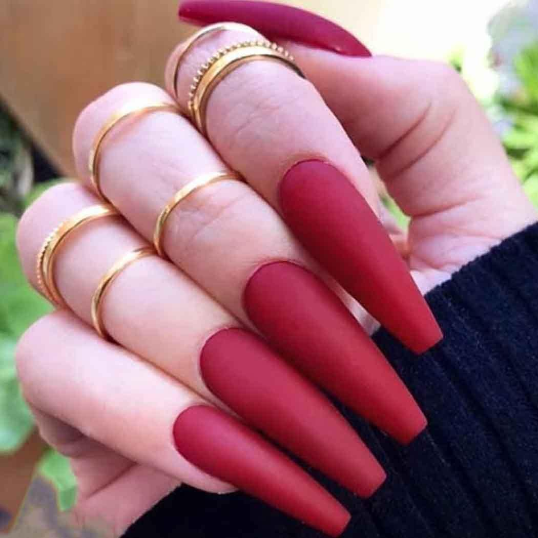 Matte Super Long False Nails Coffin Ballerina Extra Long Press on Nails Acrylic Fake Nails Acrylic Full Cover Nails 24Pcs (Wine Red)
