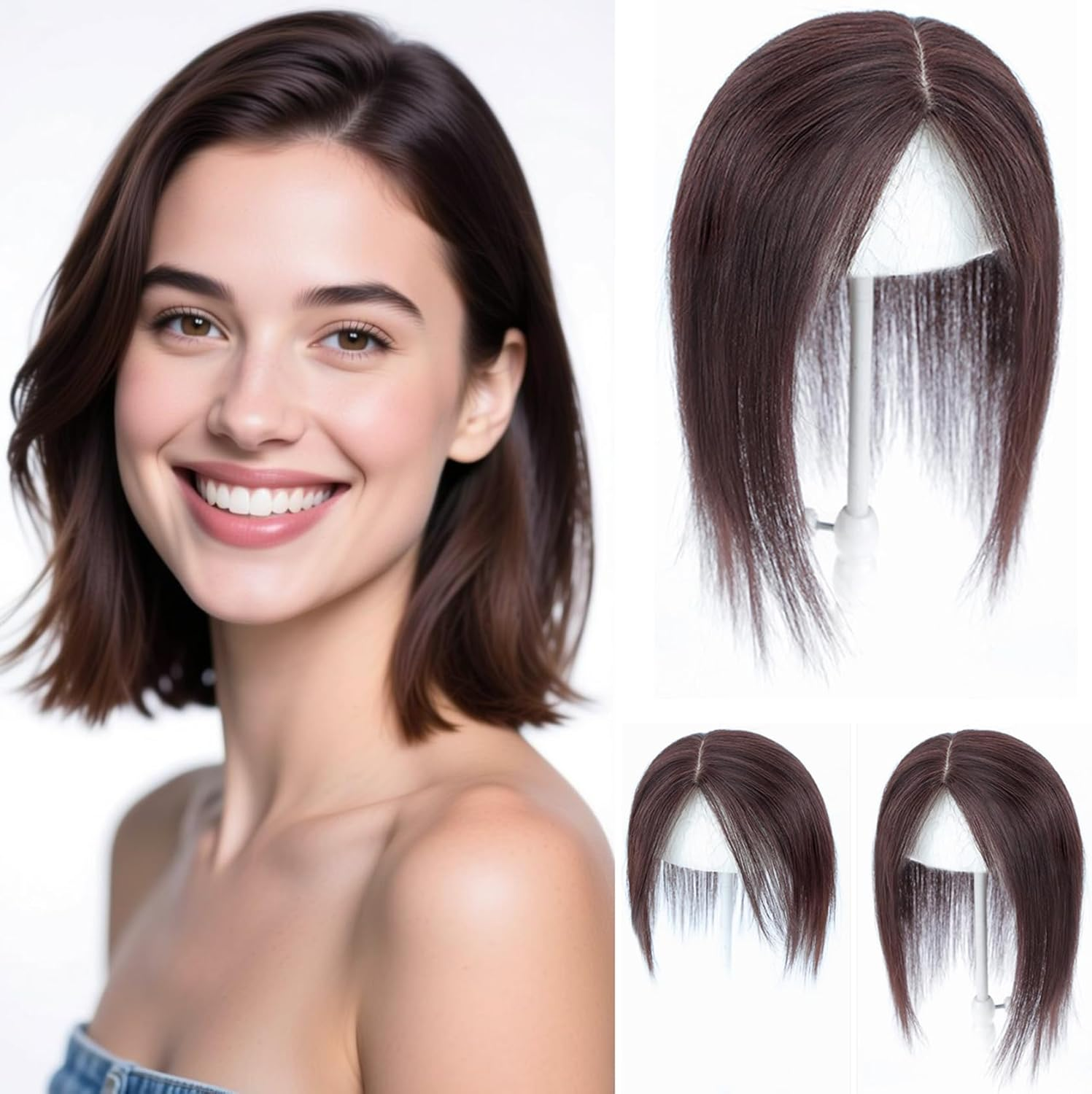 ICRAB Side Part Natural Hair Topper Wig Pieces Human Hair 13X14Cm Silk Base Crown Topper Clip in Hairpiece Large Coverage Wiglets Hairpieces for Thinning Hair Loss Natural Black,Left Part 12 Inch