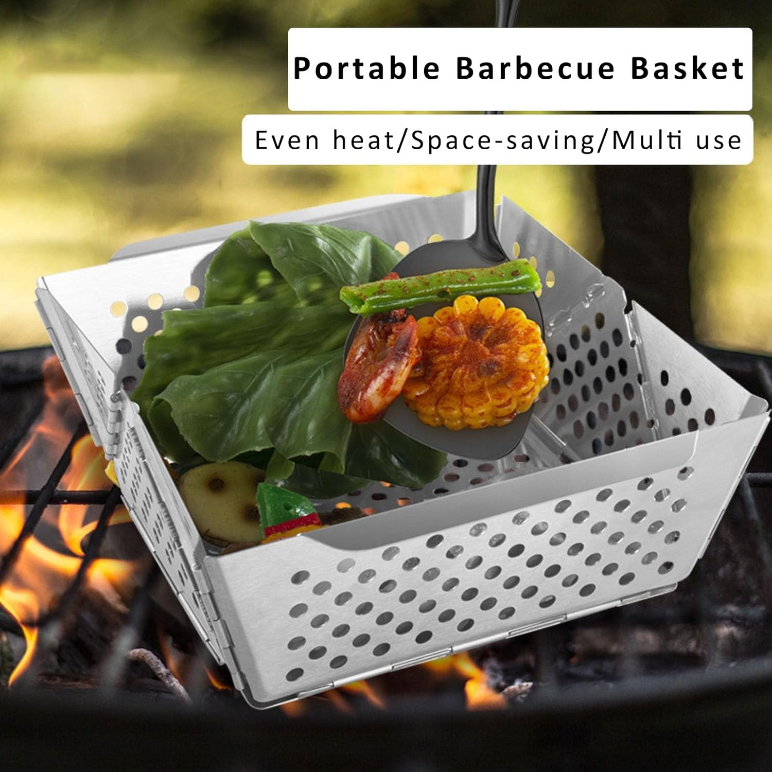 RAXCO BBQ Grill Basket,Foldable Stainless Steel Drain Charcoal Basket,Outdoor Camping Barbecue Accessories image number 5