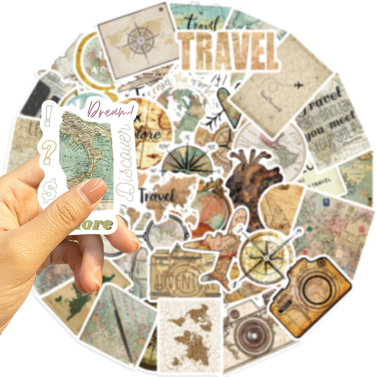 50 Pcs Travel Clock Map Stickers for Teens Girls Boys Child Adults,Retro Tourism Stickers for Laptop,Water Bottles,Bicycle,Skateboard,Computer,Waterproof Vinyl for Wall,Graffiti Stickers Pack image number 4