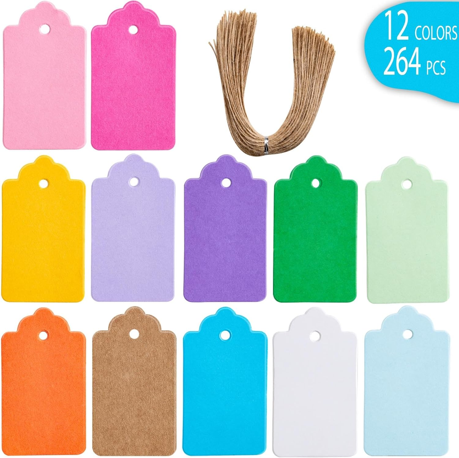 Primbeeks 125 Pcs Premium Gift Tags, Double-Sided Available Kraft Paper Price Tags with 125 Root Natural Jute Twine, Craft Tags Labels Treats Tags for Wedding Christmas Day Thanksgiving, Brown