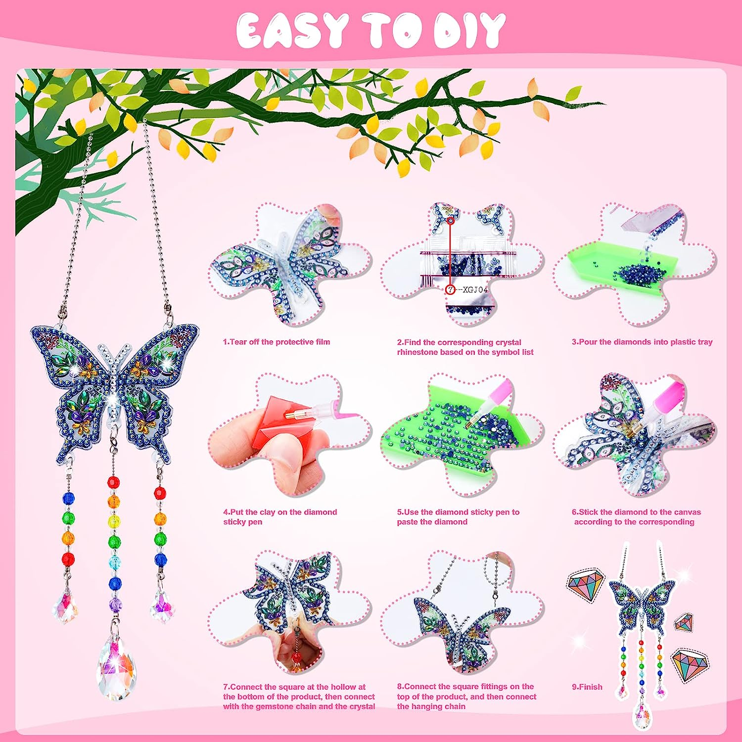 Crafts for Kids Ages 8-12, Birthday Gifts Presents for 6 7 8 9 10 11 Year Old Girls Diamond Painting Kits for Girl Toys Age 5-11 Teen Adults Wind Chimes Crystal Window Suncatcher for Home Garden Decor image number 1