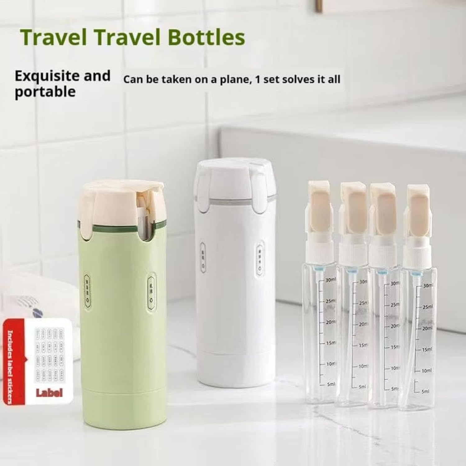 4 in 1 Travel Dispenser Bottle, Portable Containers for Shampoo Lotion Conditioner Cream, Transparent with Scale and Label for Business Trips Gym Camping (White) - White+Green image number 2