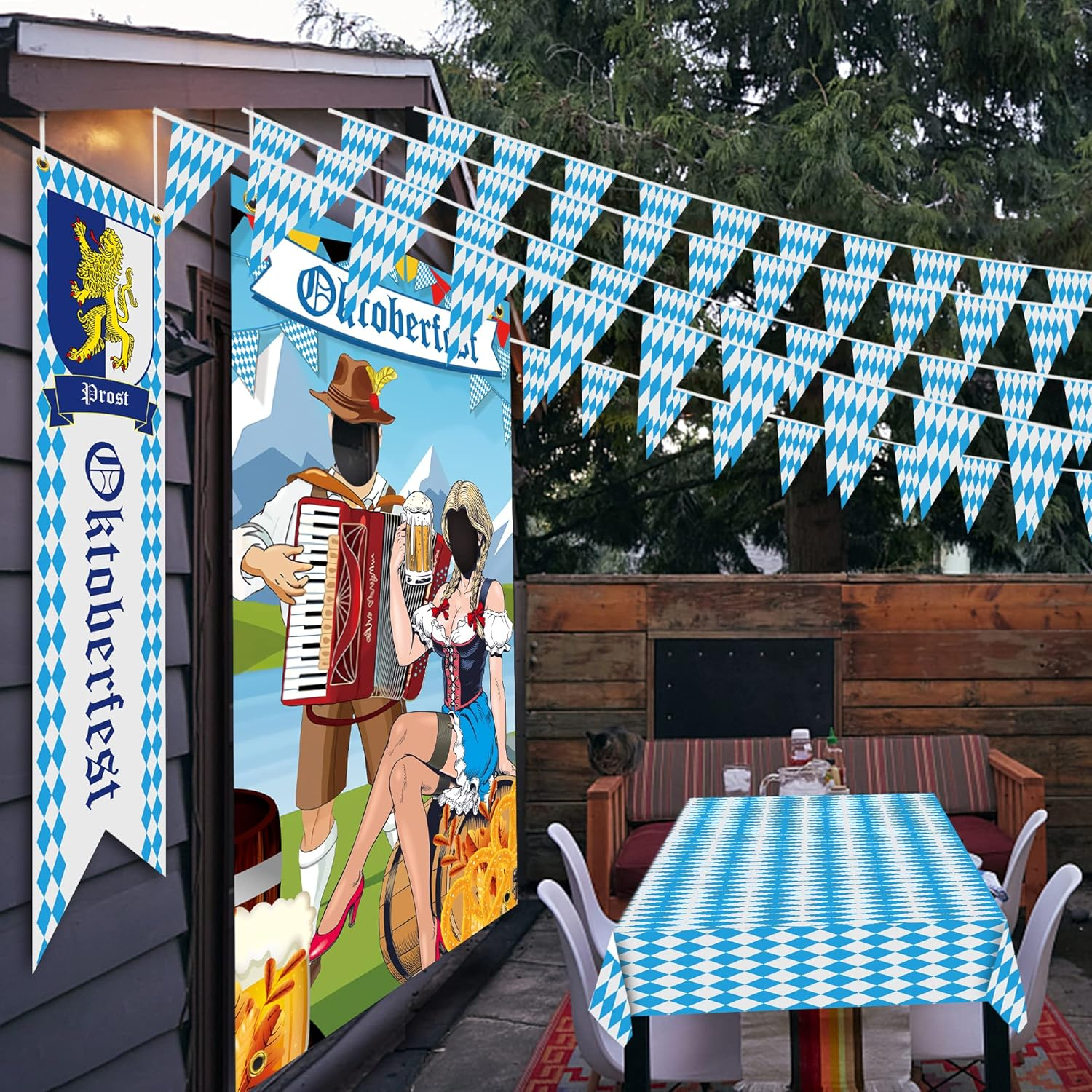 Oktoberfest Decorations, 5Pcs Octoberfest Party Decor Kit Bavarian Tablecloths Oktoberfest Flags Sign Banner Photo Backdrop, Octoberfest Home Yard Favor Decor Set for German Themed Beer Festival Party image number 1