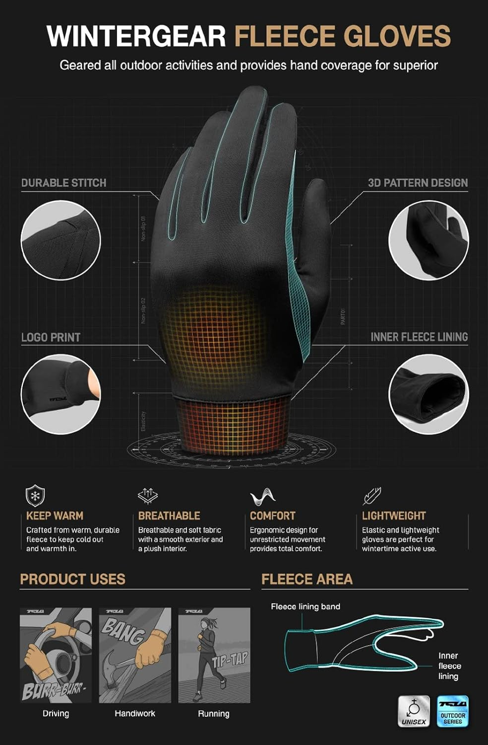 TSLA Men and Women Cold Weather Running Gloves, Fleece Lined Thermal Winter Gloves, Lightweight Sports Cycling Gloves image number 3