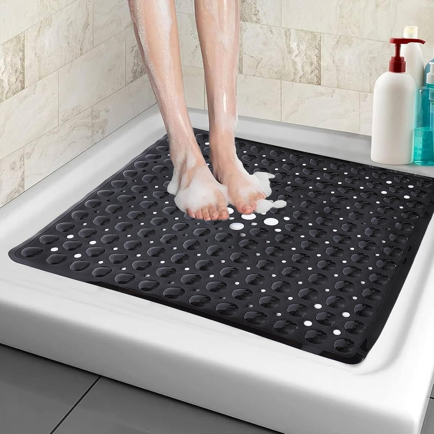 Square Shower Mat Non Slip anti Mould - 53 X 53Cm/21 X 21Inch anti Slip Shower Mat with Suction Cup, Antibacterial Rubber Bathtub Mat with Drain Holes, Machine Washable (Grey)