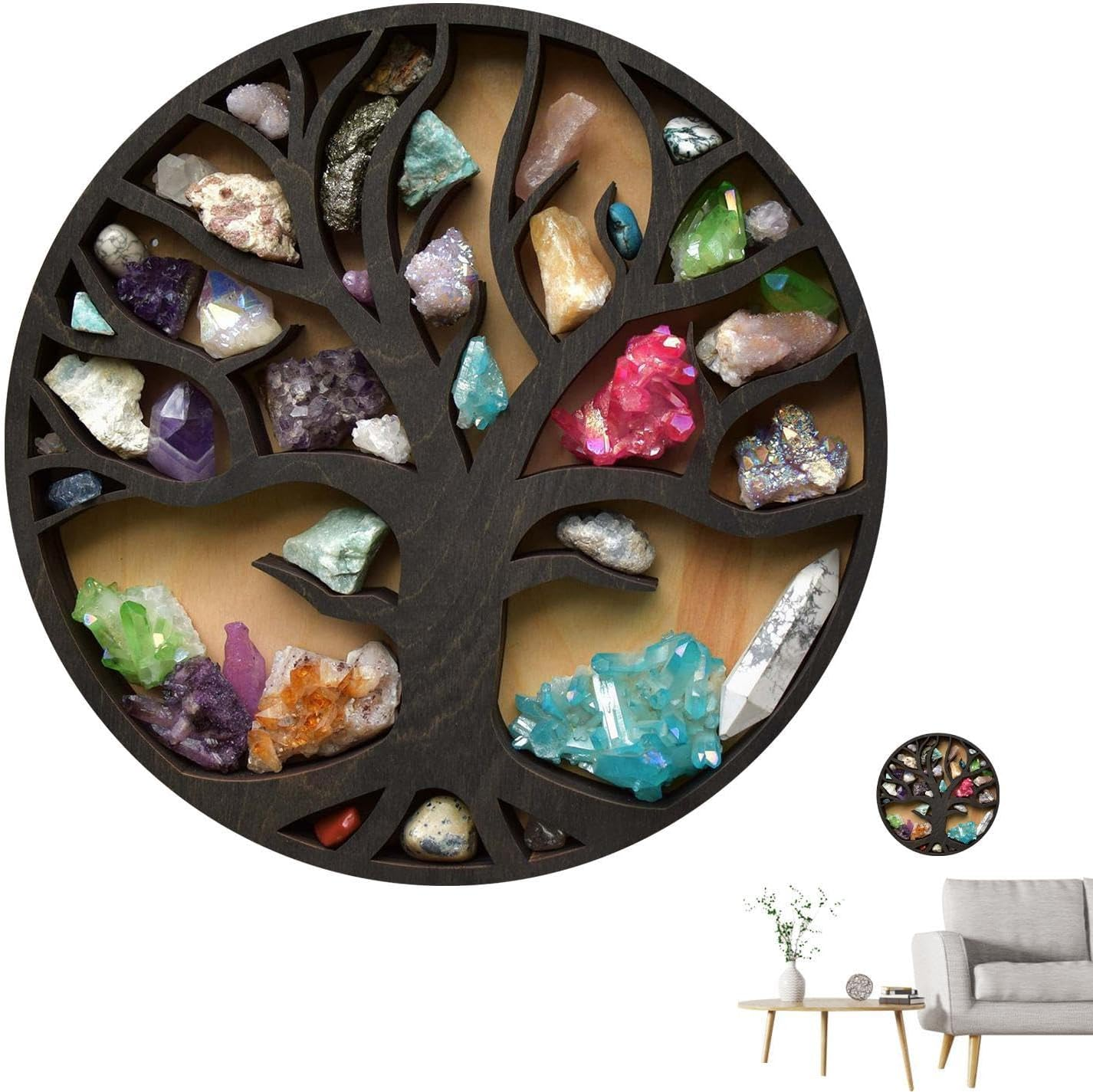 Crystal Display Shelf Wall &ndash; Tree Life Holders Bedroom, Gym Rustic Wooden, Crystals Stones Oils | Wall Holders Bedroom, Gym Rustic Wooden Crystals, O image number 5