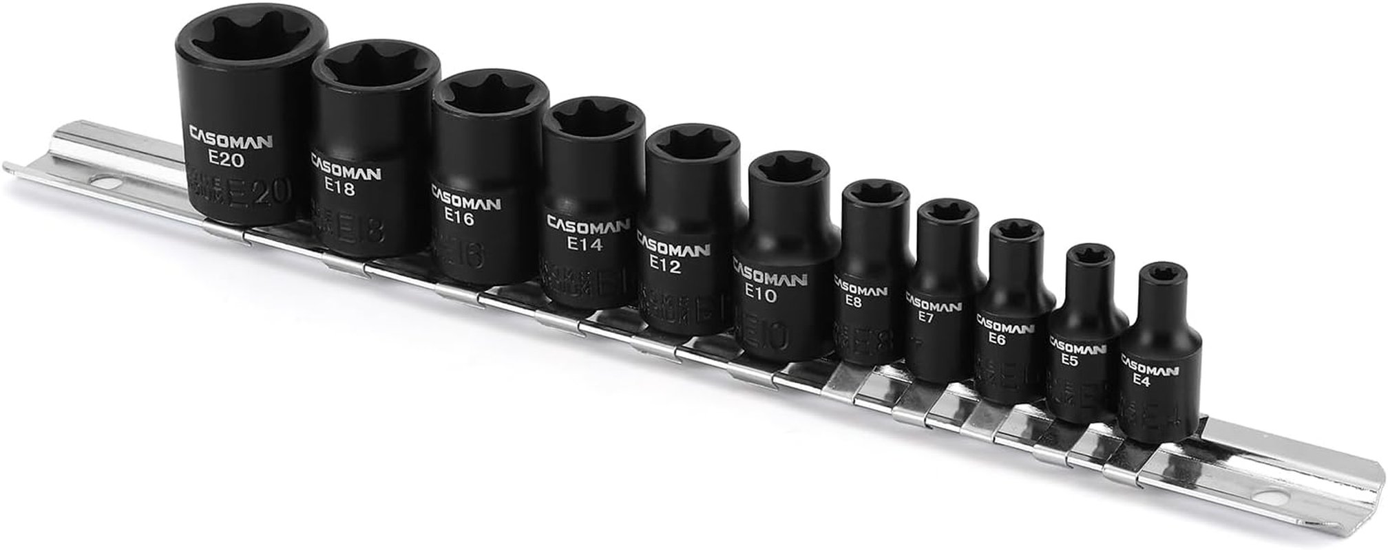 CASOMAN 11PCS Female Torx Socket Set, E Torx & Star Socket Set with Rail, E4 - E20 Torque Sockets