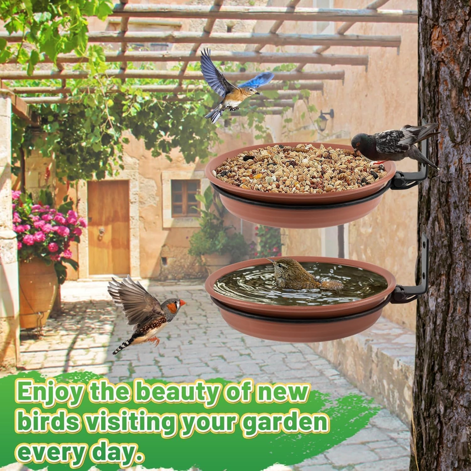 2Pcs Fence Bird Feeders Tray, Tree Mounted Wild Bird Bath for Outdoors Place Food Water, Installed on Wooden Fence Wall Tree Deck Stakes with Heavy Duty Iron Ring