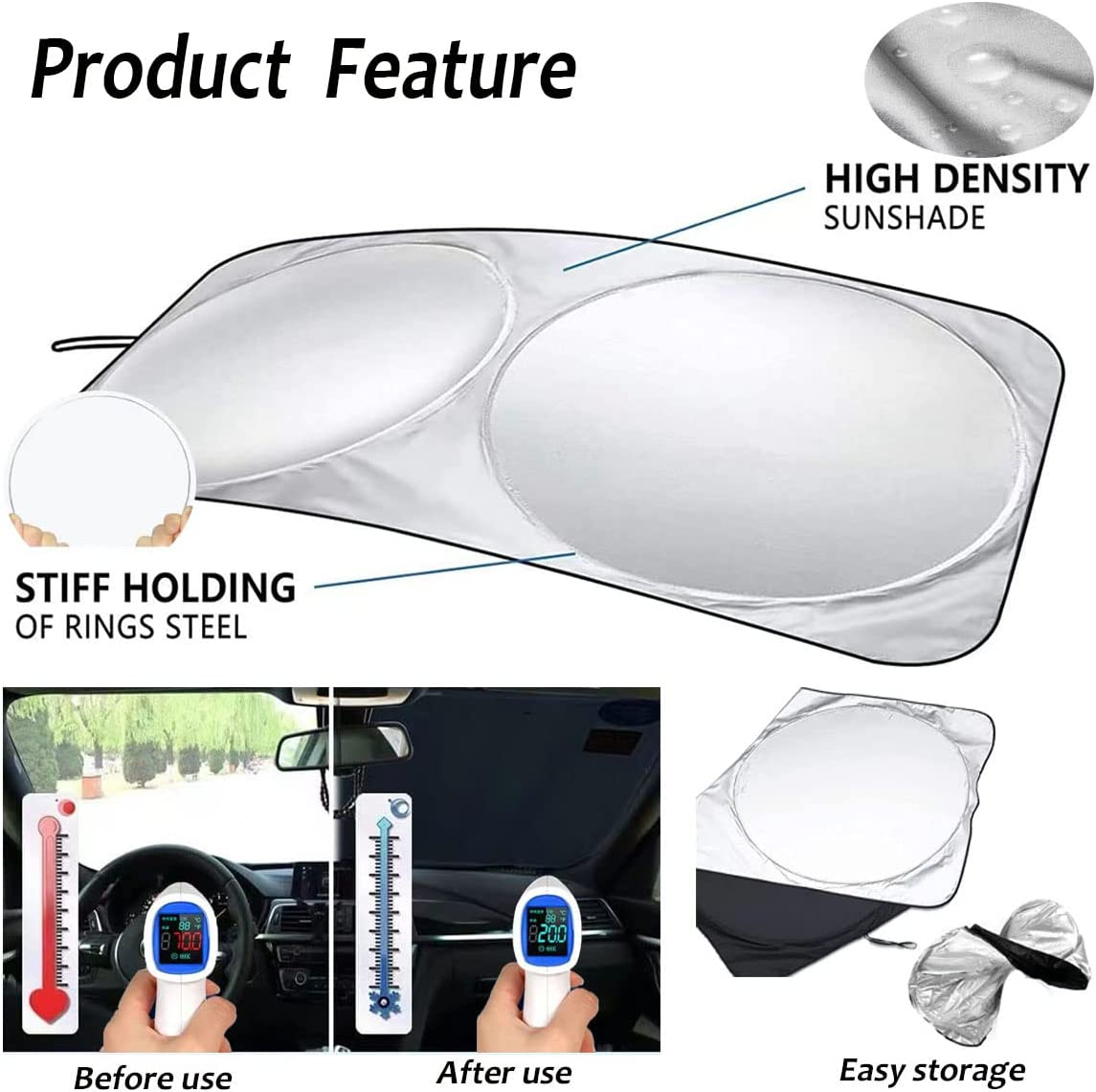 Upgraded Foldable Car Sun Shade Covers,Collapsible Car Windshield Sun Shade Maximise UV Protection,Keep Vehicle Cooler(150Cm*70Cm) image number 3