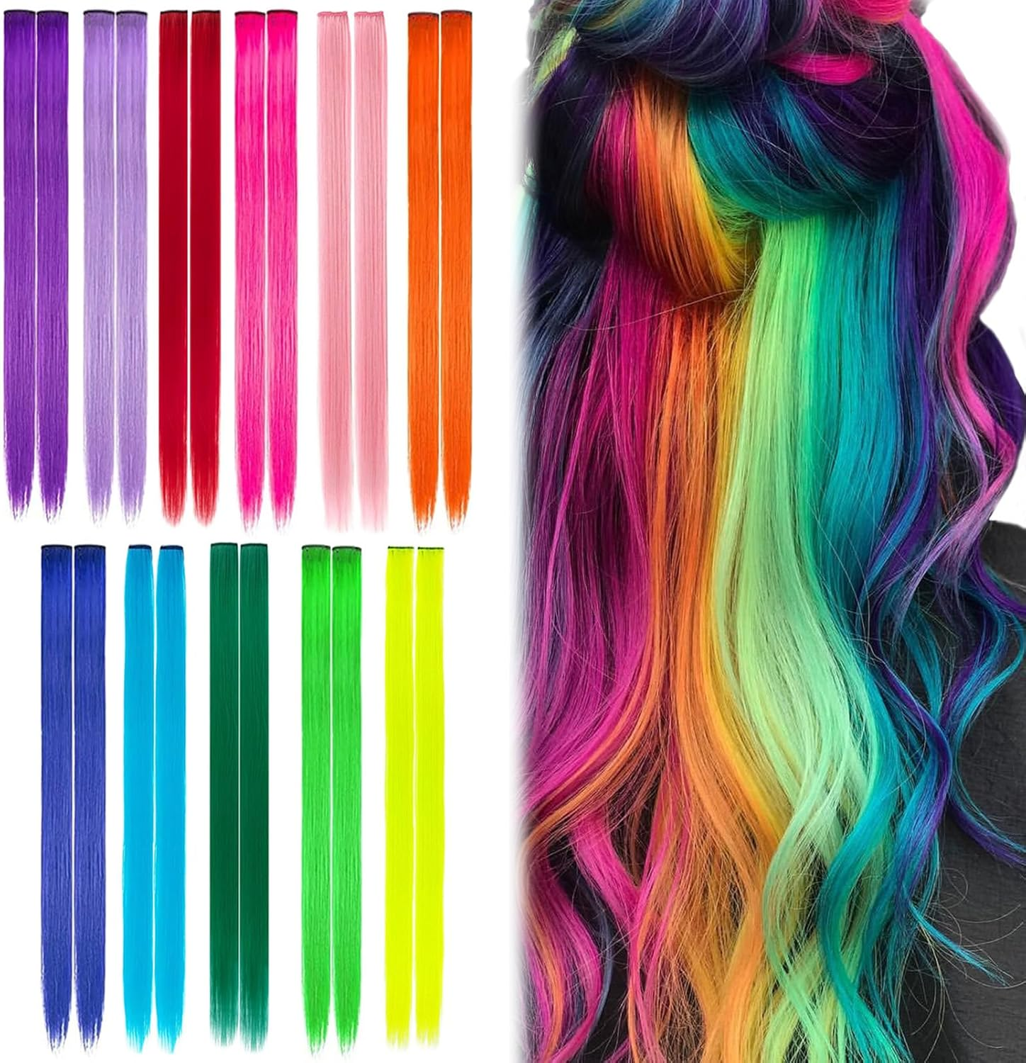 JOOTUEPO 22 PCS Colored Hair Extensions Clips, Colored Clip in Hair Extensions, Colorful Party Highlights Hairpieces Rainbow, Hair Accessories for Kids Girls Women