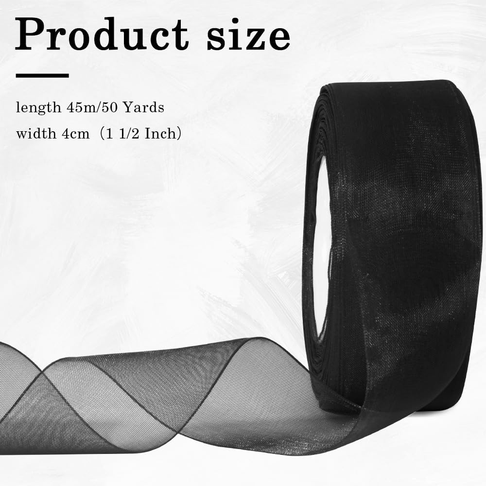 Black Organza Ribbon 1 1/2 Inch - 50 Yards Sheer Chiffon for Christmas, Gift Wrapping, Crafts, Flower Bouquets, Hair Bows - Royal Blue and Black Tulle Options image number 4
