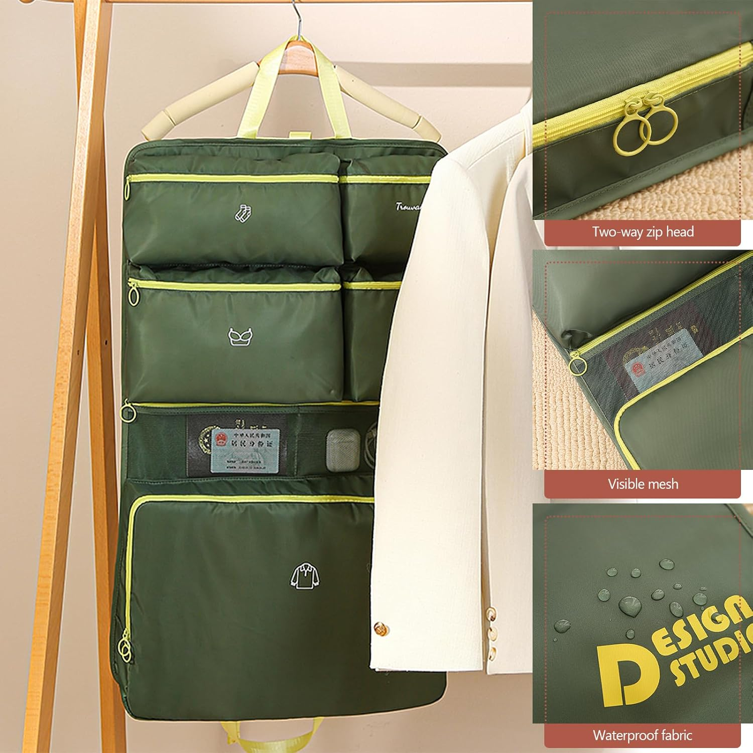 Hanging Shelves Travel Compression Packing Cube Organizer - Multi-Compartment Foldable Storage Bag (Olive Green) image number 1