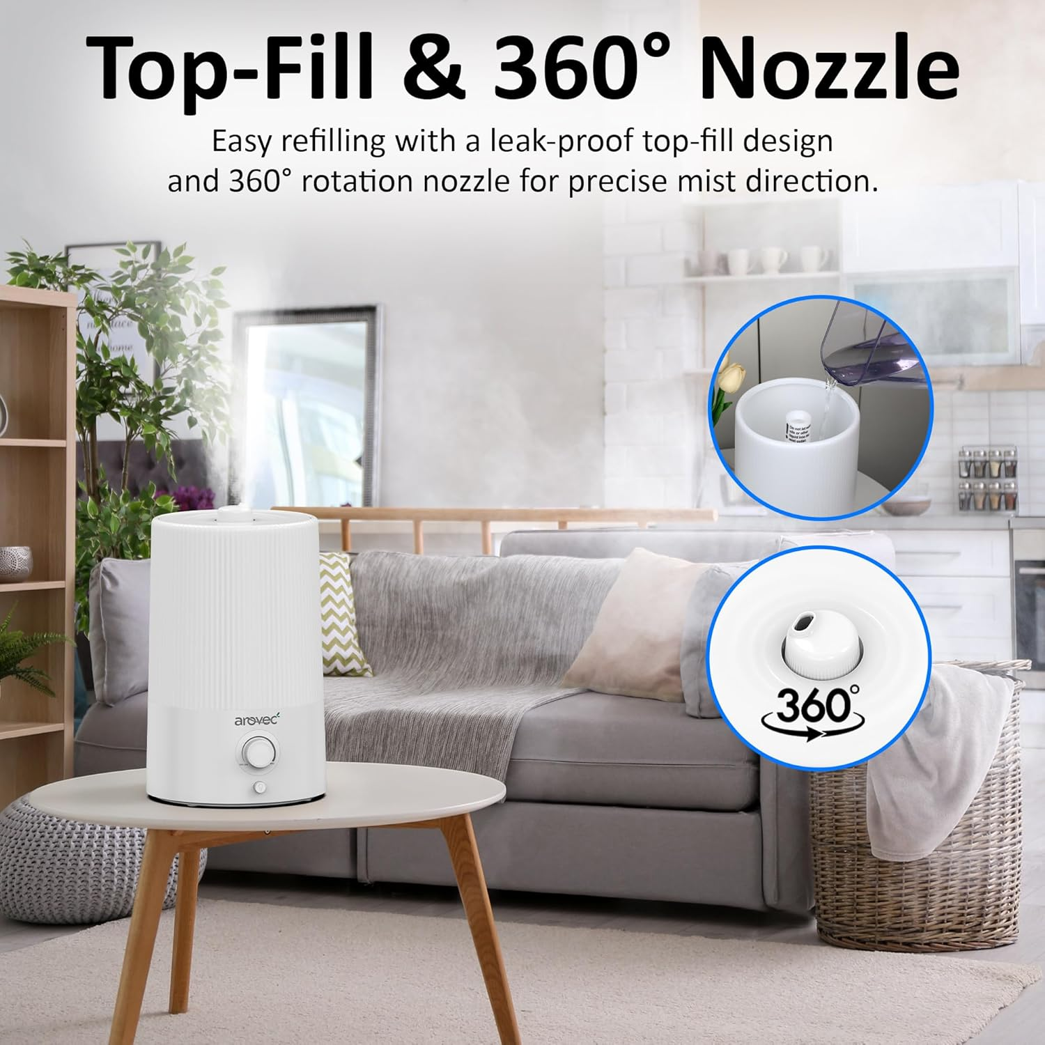 AROVEC Air Humidifier 4L Top-Fill & Essential Oil Diffuser for Bedroom, Baby Room with Night Light, Cool Mist for Home, Office & Indoor Plants, Auto-Off, 360&deg; Rotation Nozzle up to 40 ㎡