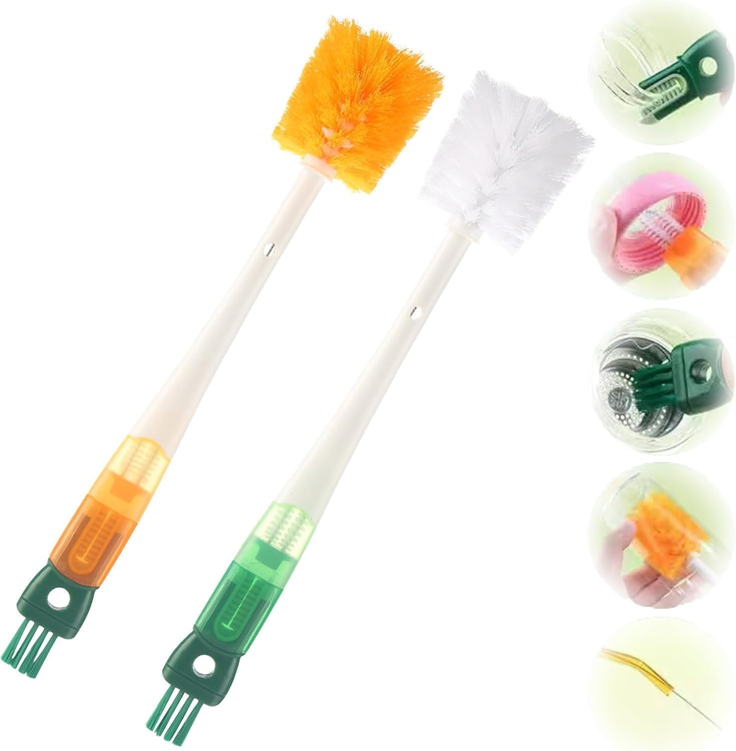 2Pcs 5-In-1 Water Bottle Cleaner Brush,Multipurpose Detachable Cleaner Brush for Cleaning Cup Lid Edge Gap and Straw(Green+Orange) image number 2
