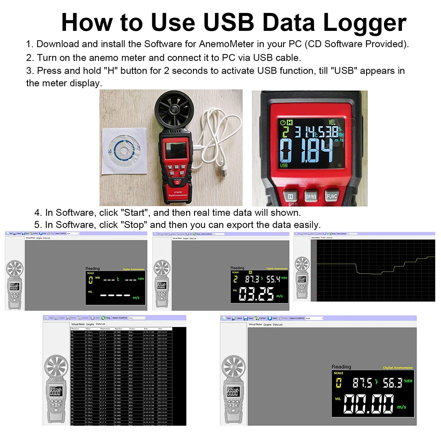 Handheld Anemometer Digital Wind Speed Meter with USB, LCD Color Display Measures Wind Speed Humidity Temperature, Air Flow Volume, Dew Point Temperature for HVAC Vents, Boat Sailing, Shooting HT625B image number 1