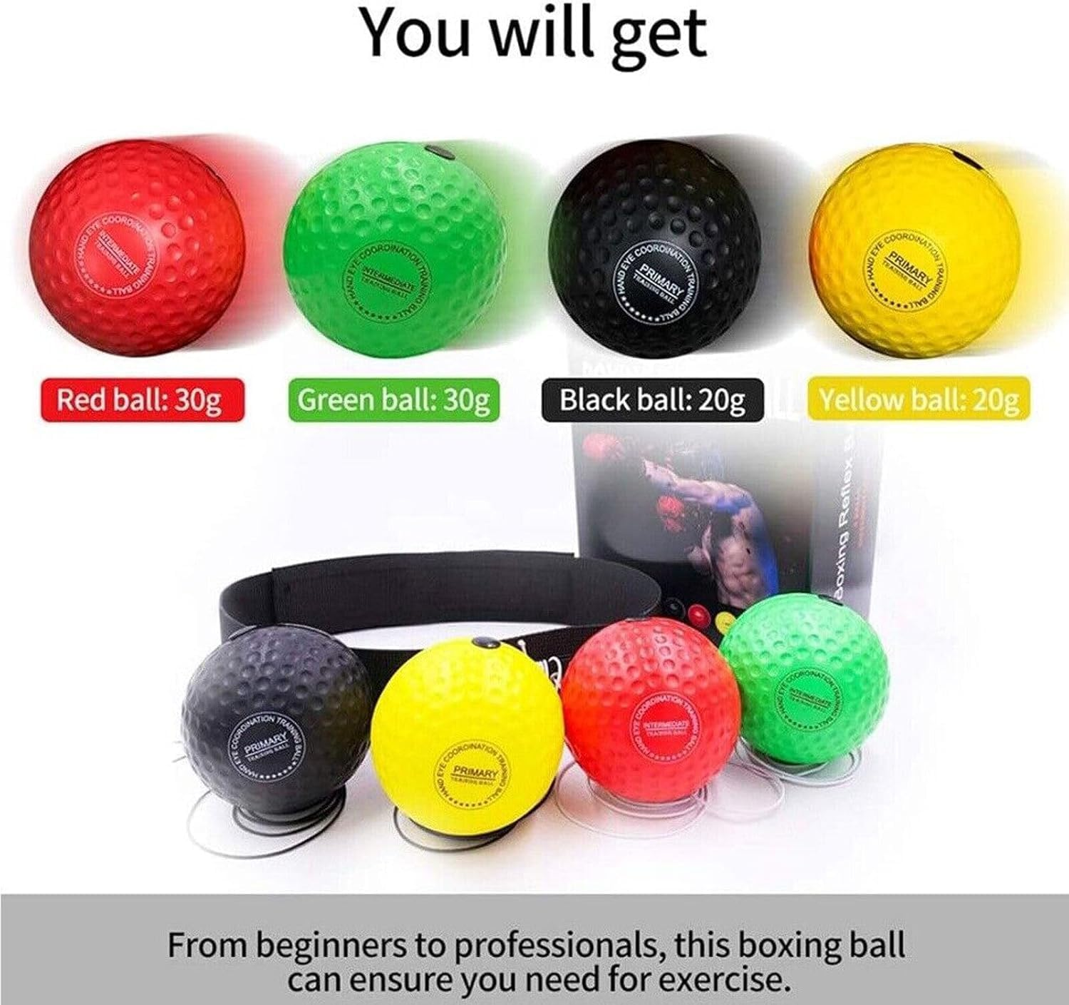Riksam Boxing Reflex Balls Family Pack &ndash; Boxing Ball MMA Set with 2 Adjustable Headband and 4 Levels Boxing Ball to Improve Speed and Hand-Eye Coordination for Men, Kids Boxing Equipment image number 1
