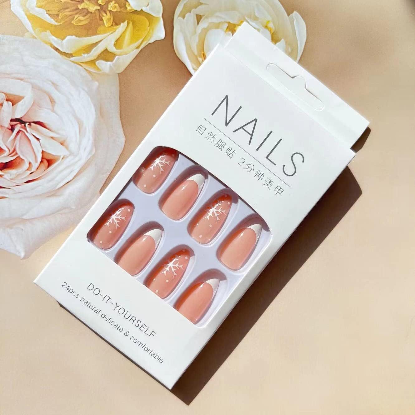 24 Pcs Snowflake Fake Nails Medium with White Nail Tips Designs, Almond Shaped Christmas Press on Nails Glossy Full Cover Glue on Nails with White Snowflakes Design for Women Girls image number 4