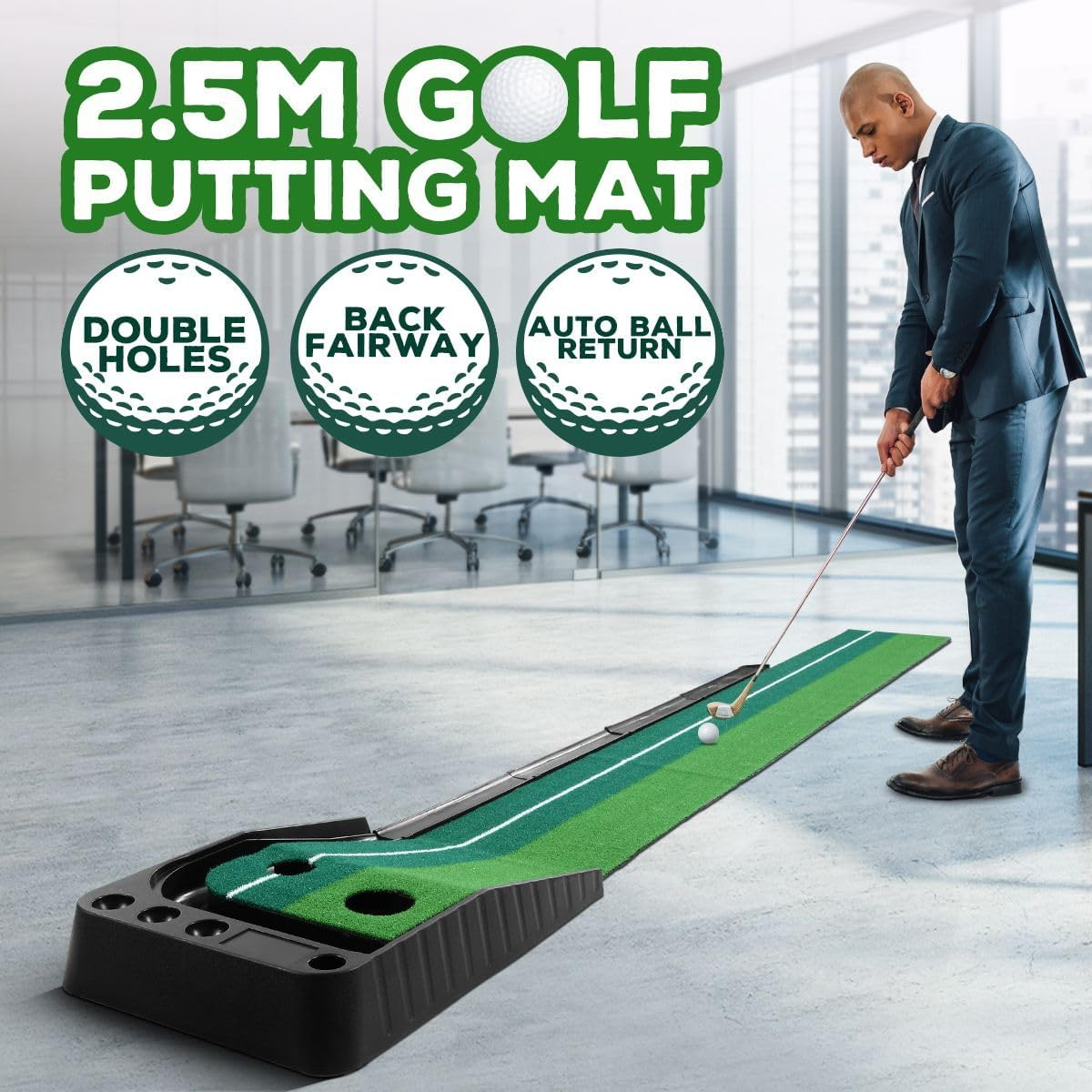 GENKI 2.5M Golf Putting Mat Practice Putter Greens Trainer Indoor Outdoor Training Aid with Auto Ball Return Driving Exerciser Portable Grass Turf Fairway image number 3