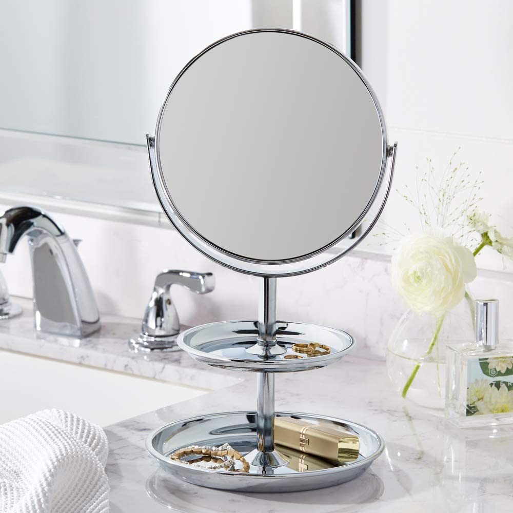 Amazon Basics Vanity Mirror with Dual Trays - 1X/5X Magnification, Chrome