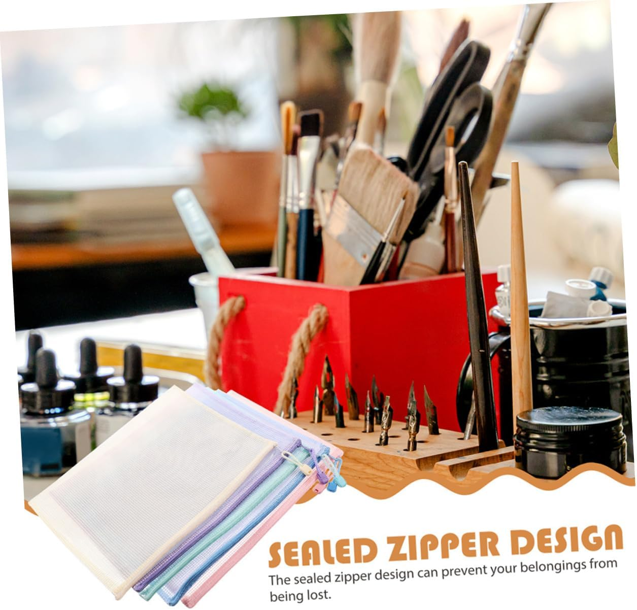 KICHOUSE 6Pcs Mesh Zipper Pouches for Office Documents Zipper File Pouches Mesh Plastic for Stationery image number 1