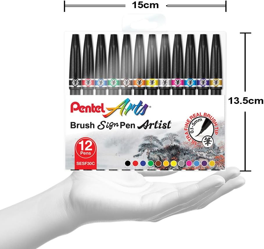 Pentel Arts Brush Sign Pen Artist Wallet of 12 Assorted Standard Colours (SESF30C-12) image number 6