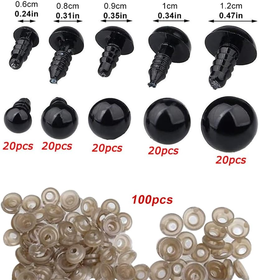 200PCS Plastic Safety Eyes with Washers, 12Mm Black Solid Doll Eyes for Teddy Bear, Amigurumi, Puppet Making, Stuffed Animals and Crafts, Child-Safe with Locking Backs image number 5