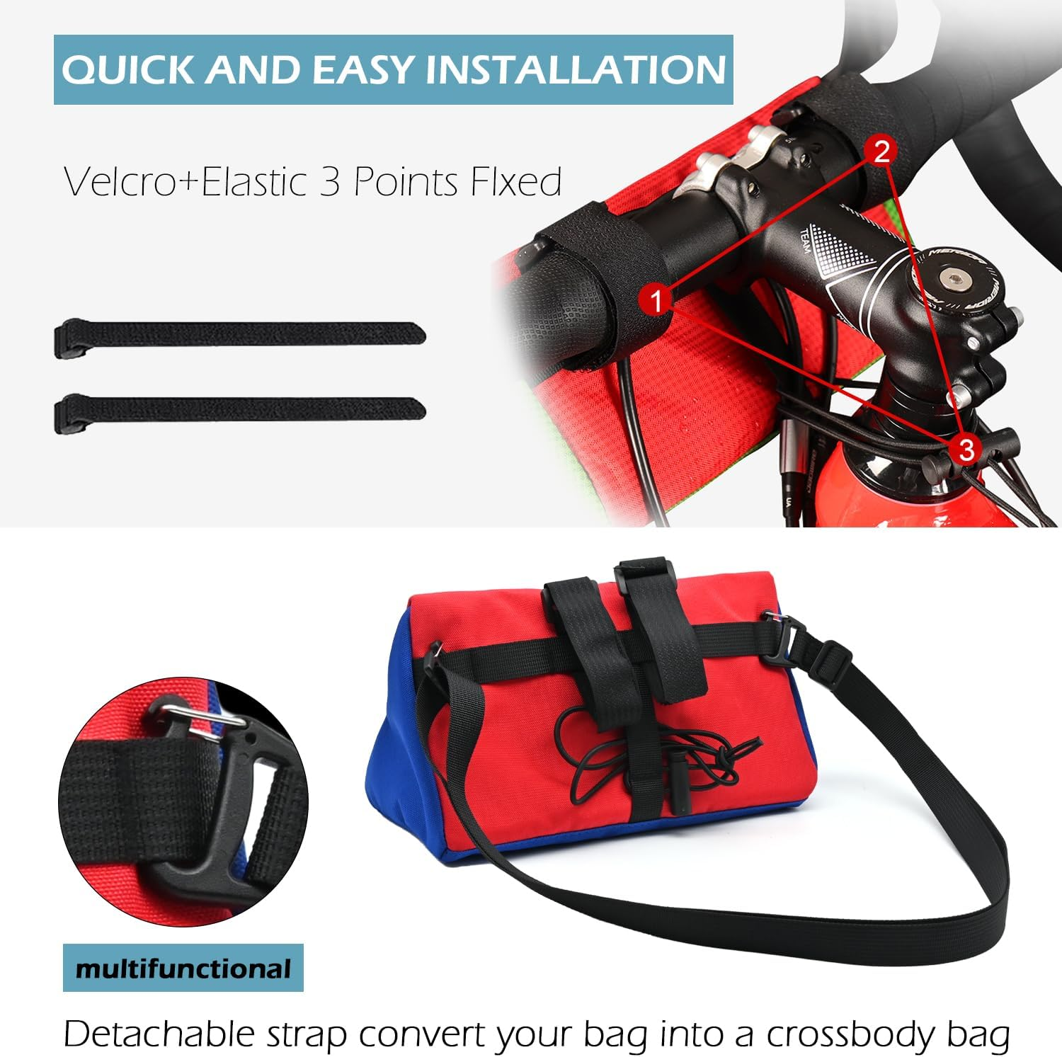 Vortika Bike Handlebar Bag, Bicycle Front Bag, Kids Handle Bar Bag, Storage Bag with Shoulder Strap for Men Women Kids Outdoor Road MTB Cycling(Blue + Red) image number 3