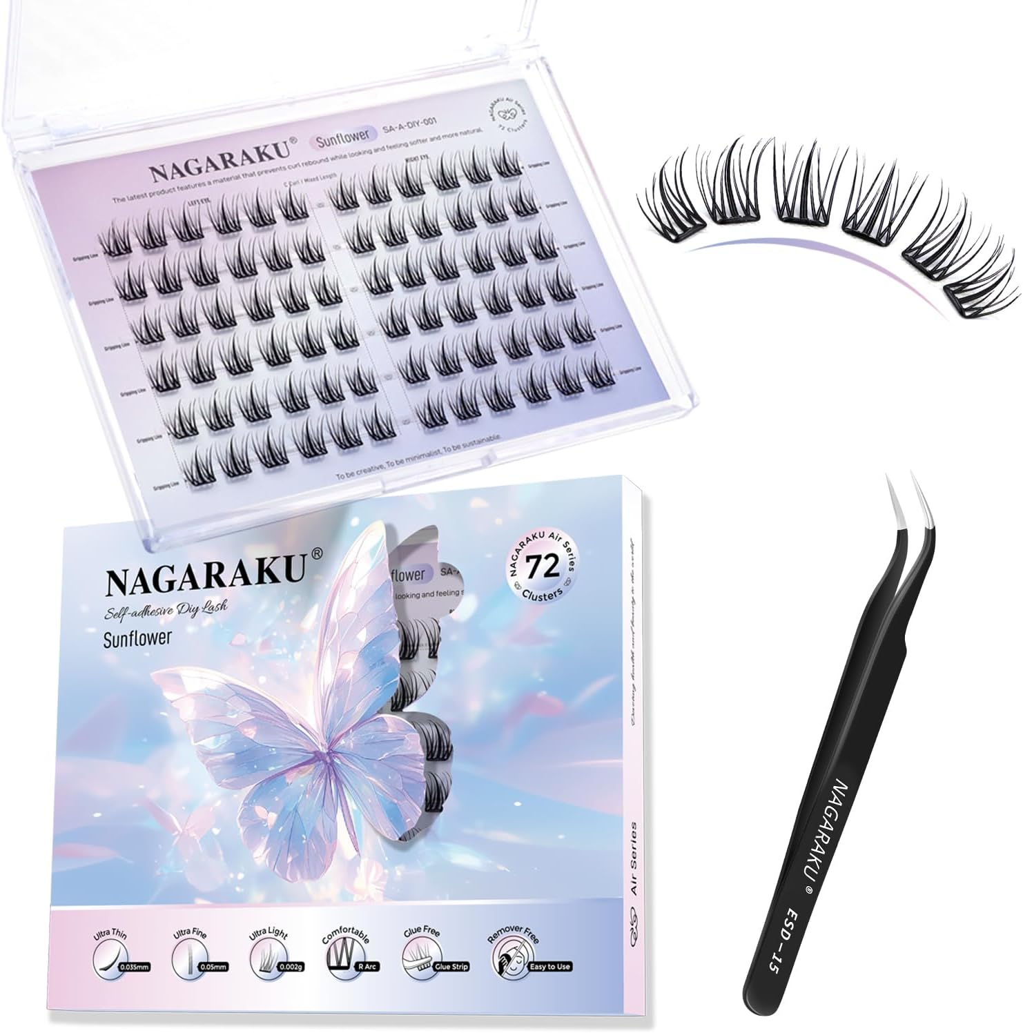 NAGARAKU Pre Glued Cluster Lashes Air Series Eyelashes Sunflower Style 72 Pcs No Glue Needed Pre-Bond Eyelashes Self Adhesive DIY Lashes（0.07Mm C Curl Mix Length) image number 1