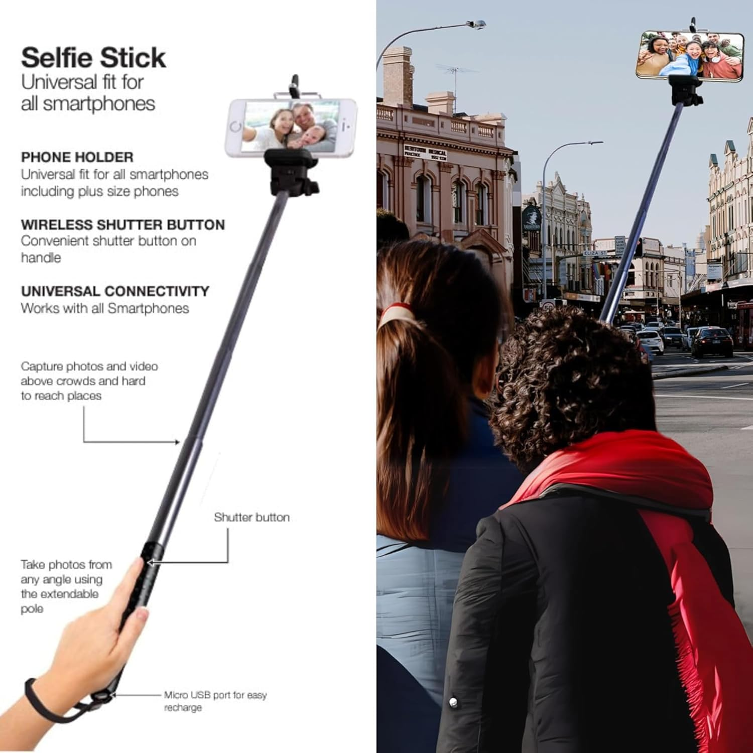Laser Bluetooth Selfie Stick with Adjustable Phone Holder, Extends to 100Cm, Built-In Shutter Button, Micro USB Rechargeable, Spring Lock, Fits 5Cm to 8Cm Phones, Ideal for Travel and Group Photos