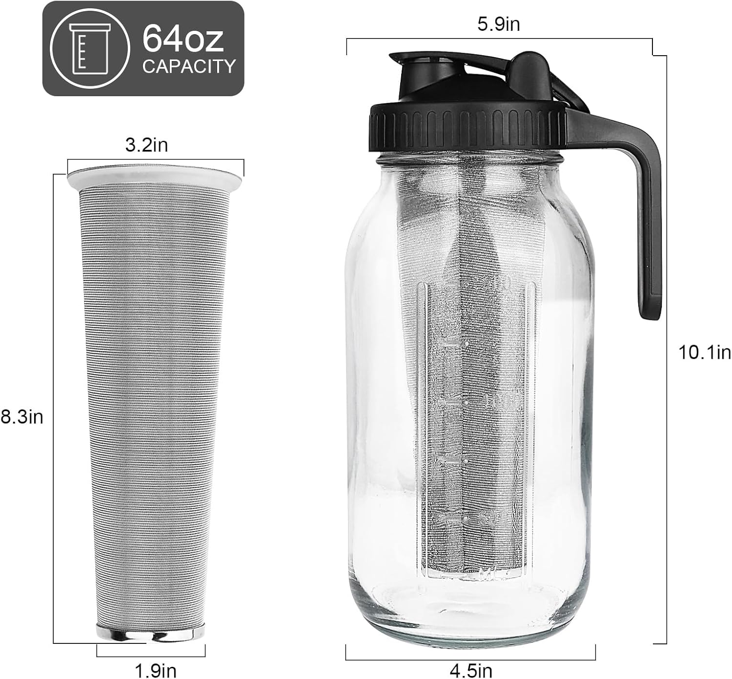 Cold Brew Coffee Maker, 64 Oz Wide Mouth Mason Jar Pitcher with Stainless Steel Filter, Pour Spout Handle Lid, Heavy Duty Glass Airtight (2L) image number 4
